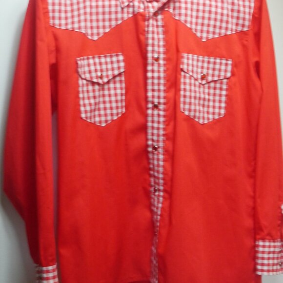 Vintage Red Western Shirt with Gingham Trim Pearl Snap Mens XL - Picture 2 of 16